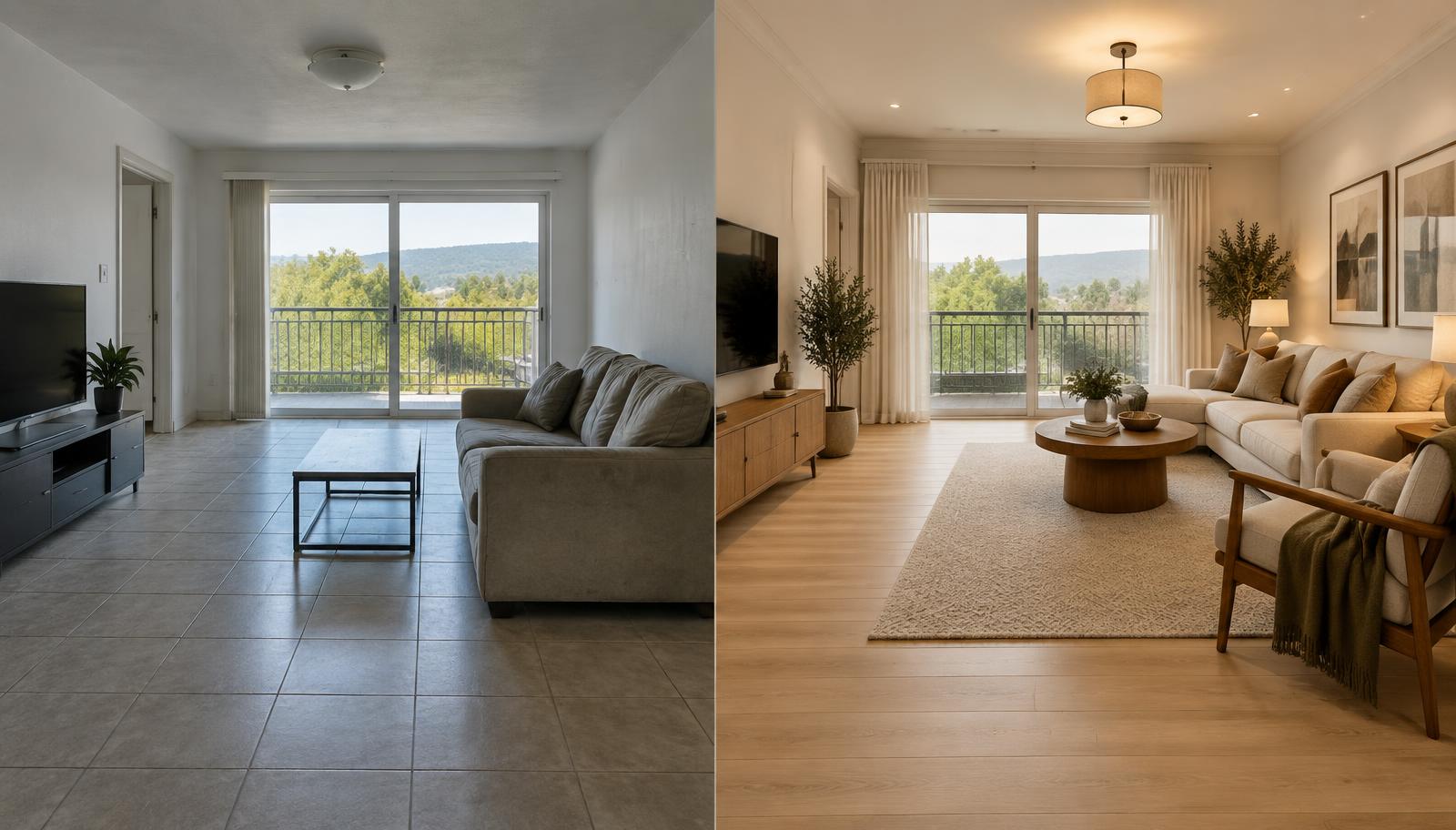 Comparação de ambiente antes e depois da renovação do piso